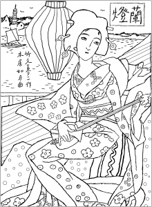 Geisha in kimono with floral motifs