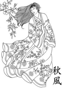 Coloring japanese woman traditional dress