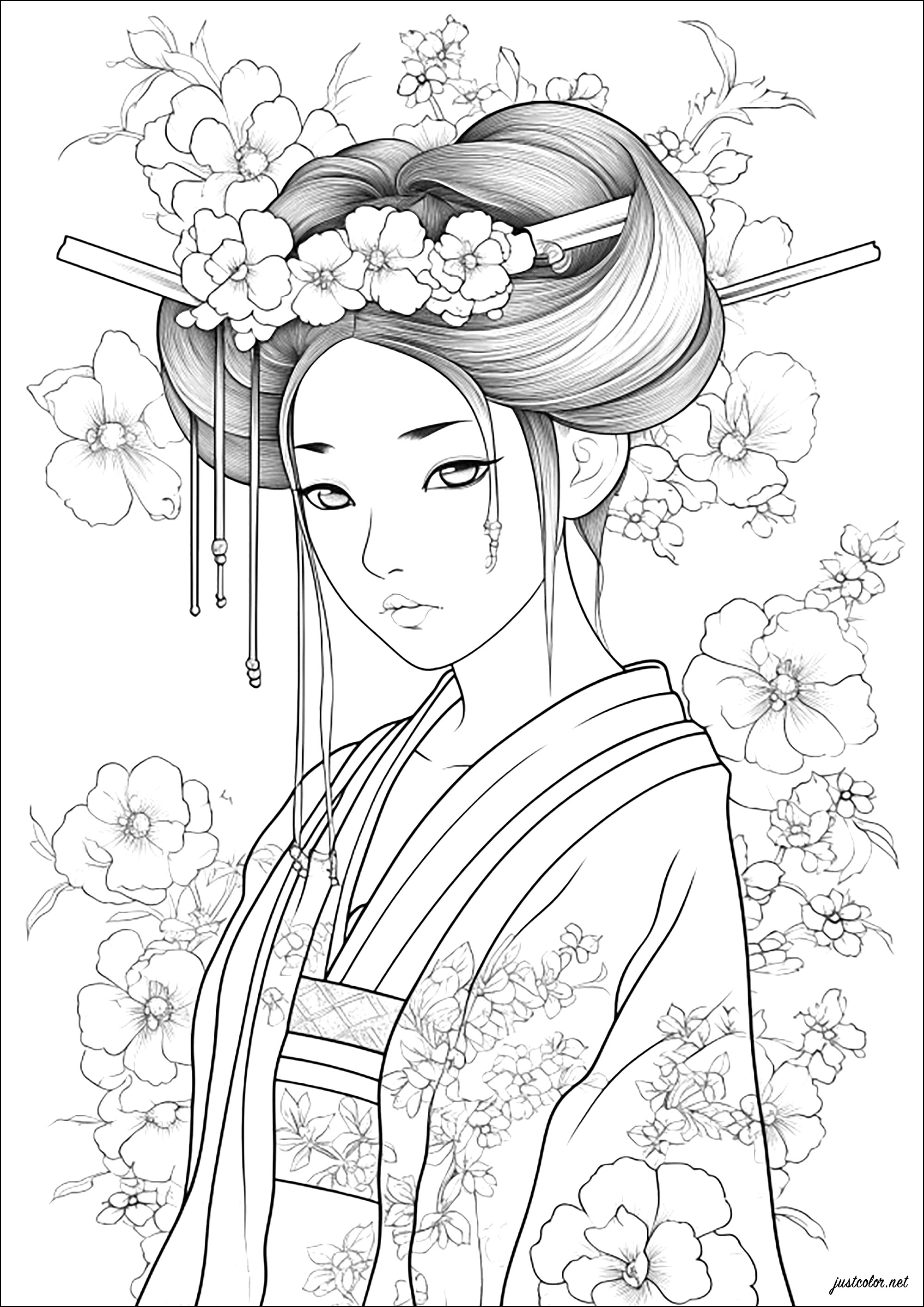 Geisha and flowers - 1 - Japan Adult Coloring Pages