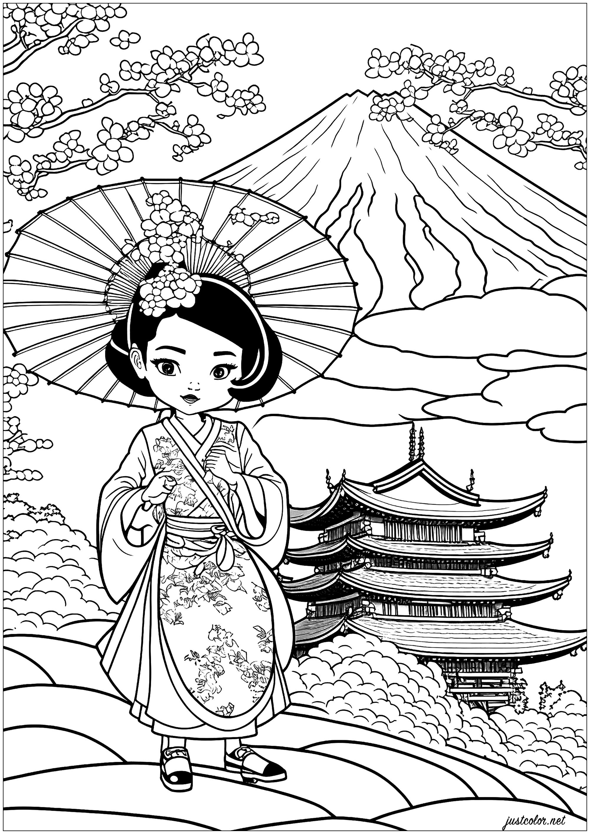 Cartoon Geisha coloring page. A complex coloring page with a beautiful Geisha in her beautiful kimono, and a magnificent Japanese landscape.