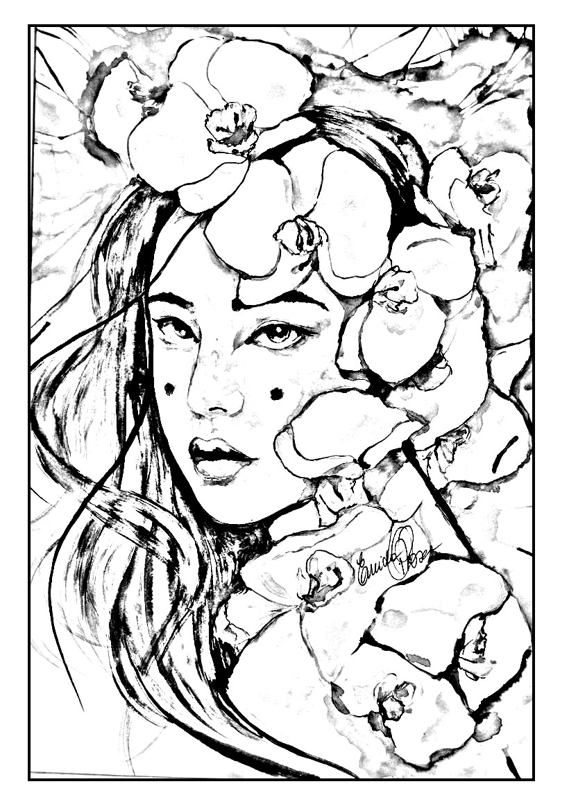 Coloring a beautiful Geisha: color her face and the pretty flowers around her