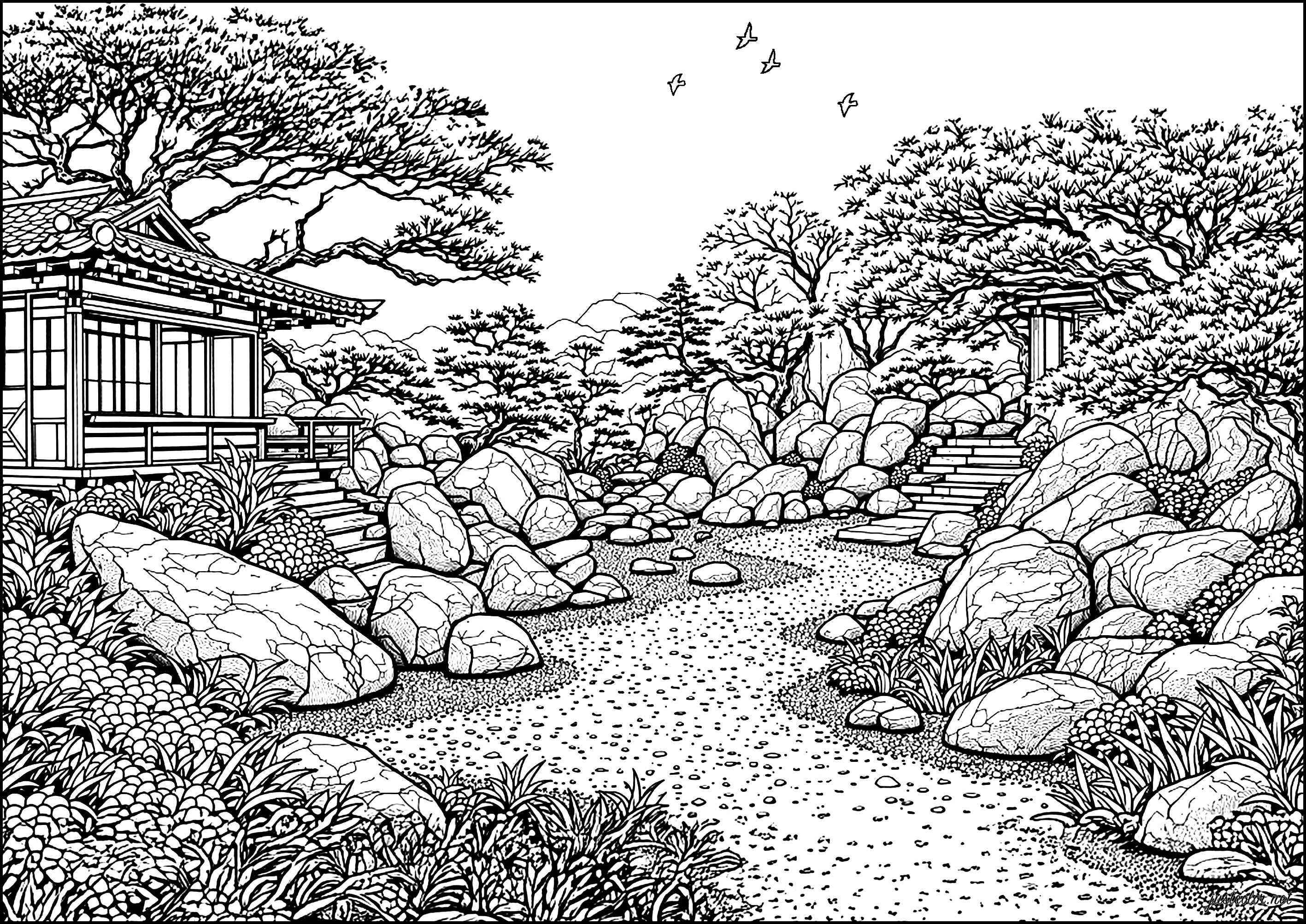 Calm harmony in a Japanese garden (Printable Japan Coloring Page for adults)