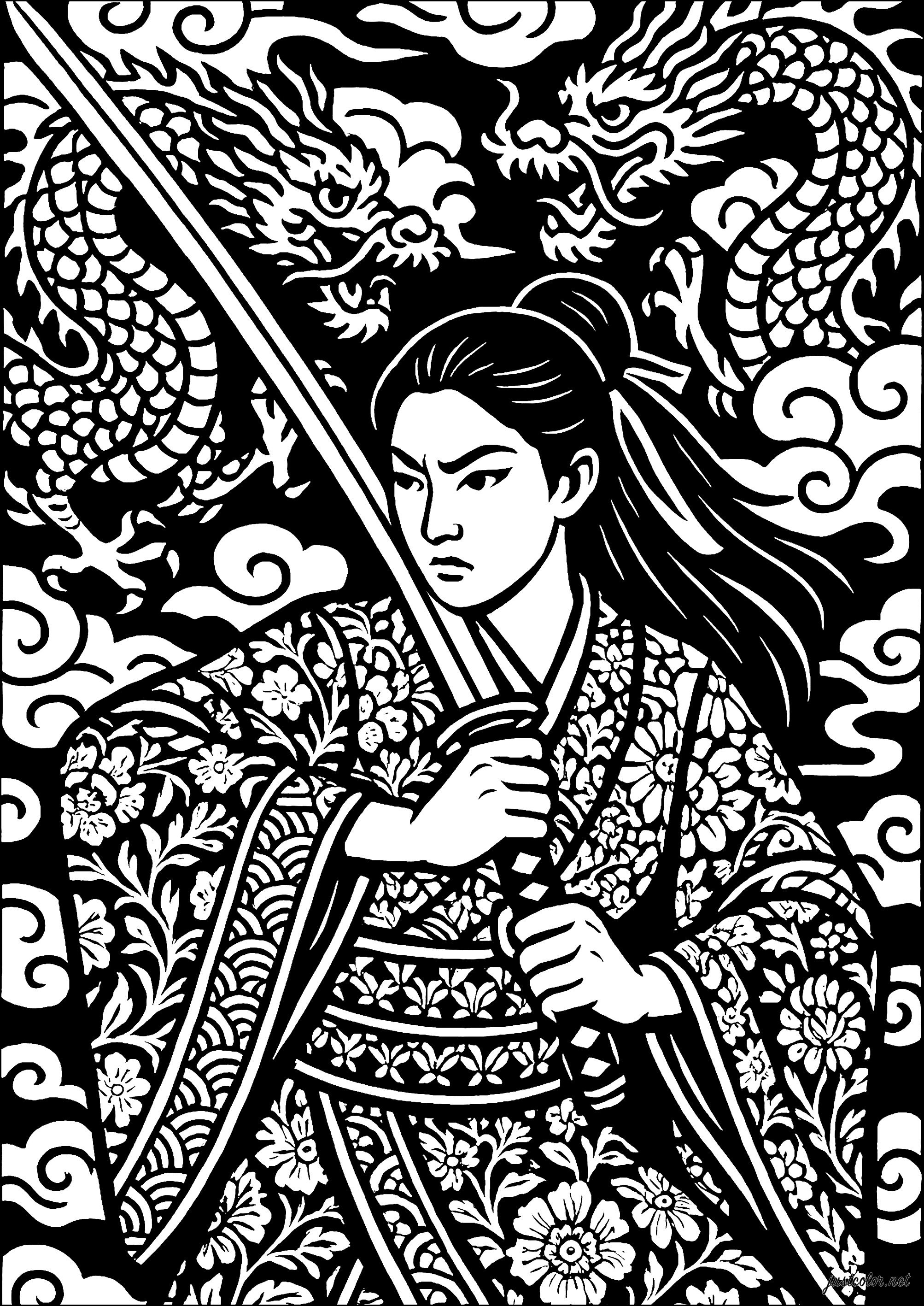 A sword-wielding warrior under a swirling sky (Printable Japan Coloring Page for adults)