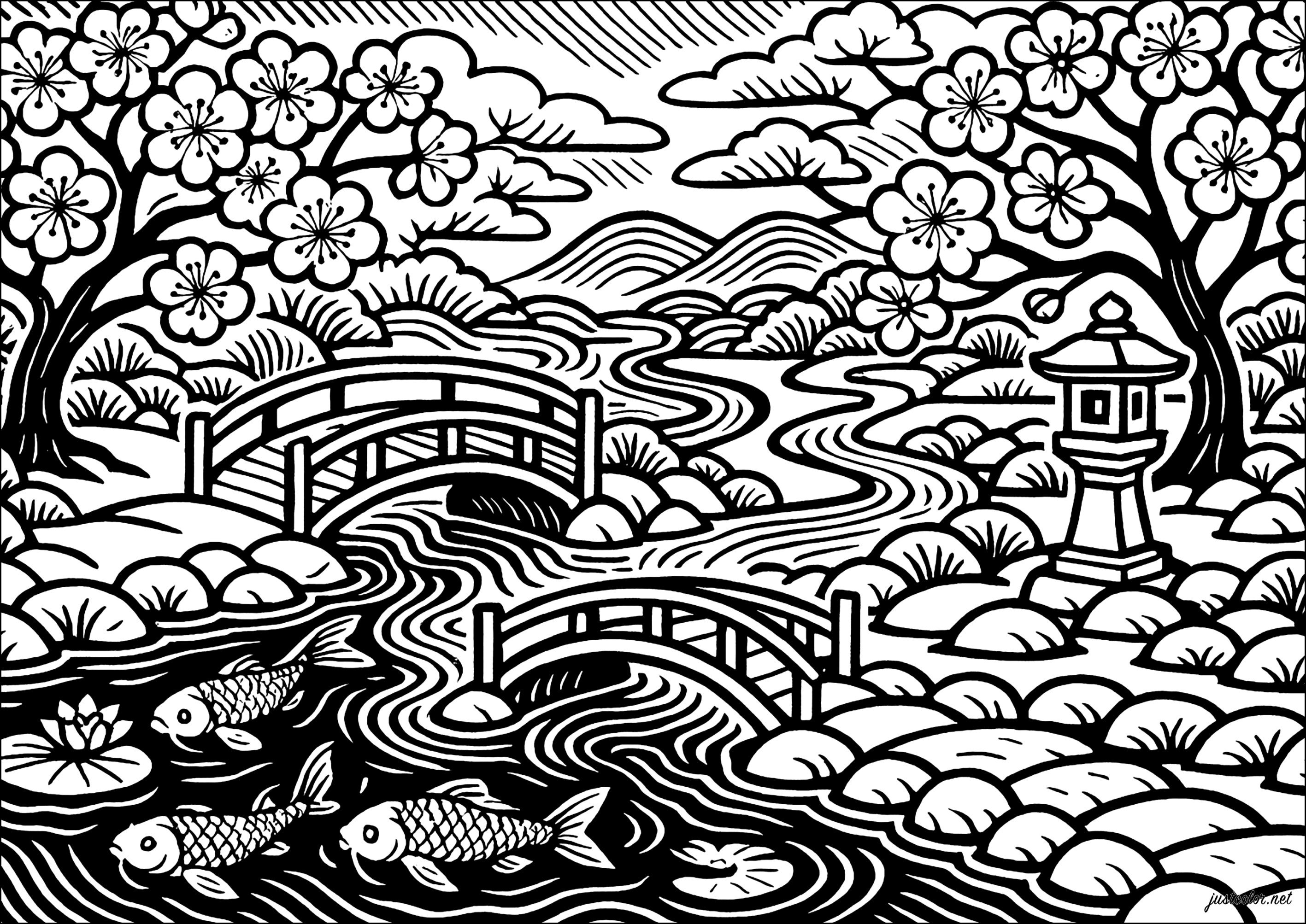 Elegant Japanese landscape with carp and bridges (Printable Japan Coloring Page for adults)