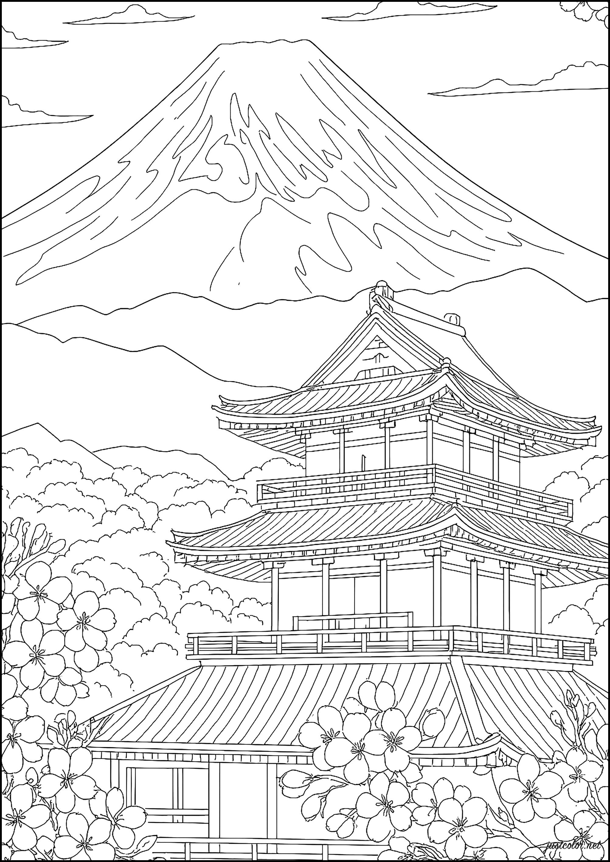 Traditional Japanese pagoda (Printable Japan Coloring Page for adults)