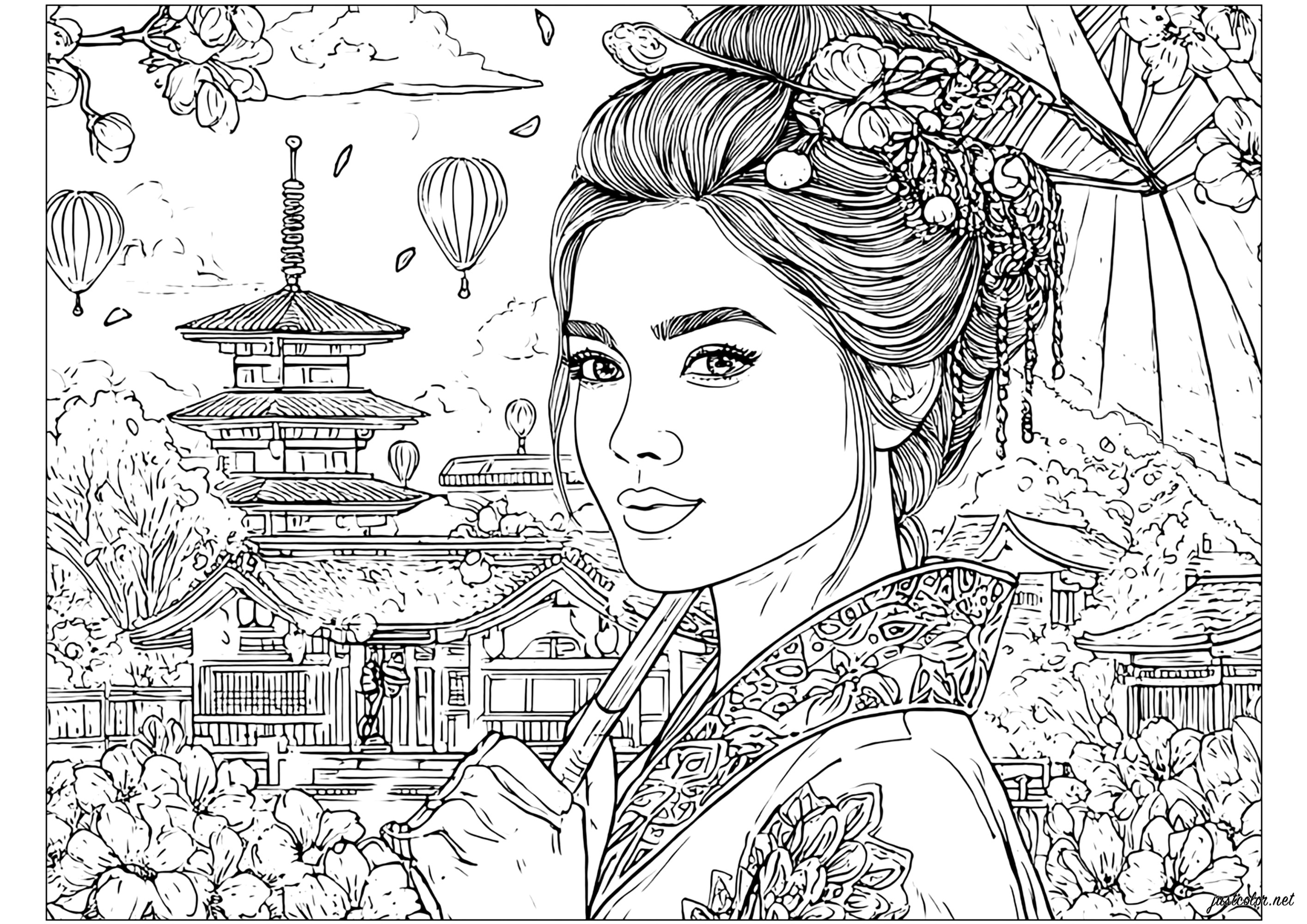 Serenity of a Geisha in the Garden (Printable Japan Coloring Page for adults)