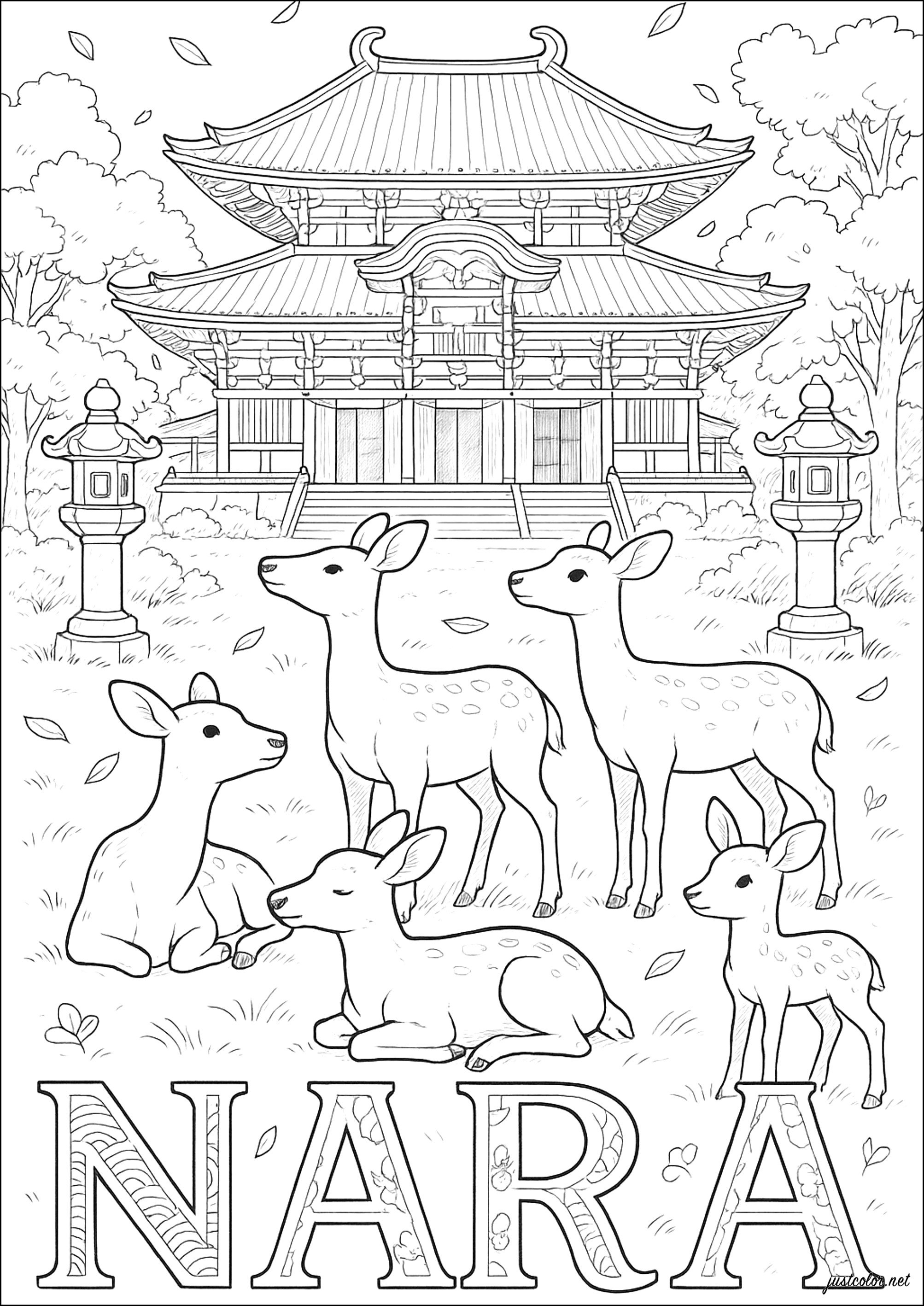 Nara, the ancient imperial capital of Japan (Printable Coloring Page for adults)
