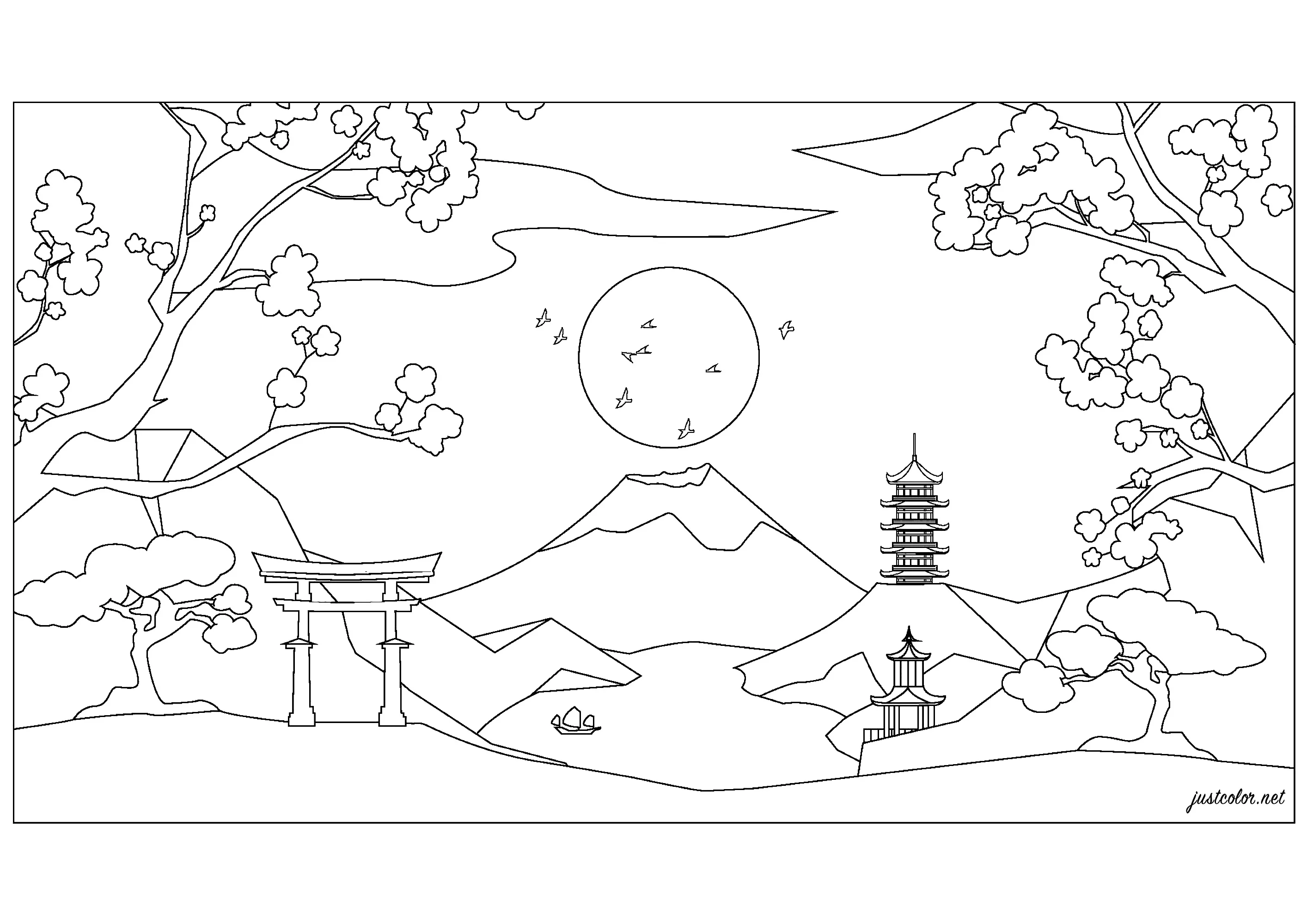 Japanese landscape (Printable Japan Coloring Page for adults)