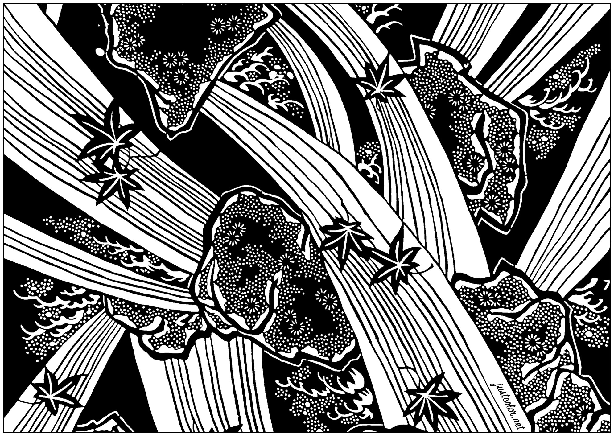 Coloring page created from a Traditional Japanese Stencil Design - model 3 - Zoom. The stencils are made from pieces of paper layered one on top of one another, stuck together using persimmon sap, making the material impermeable, and then cut. A mesh of silk thread is stretched between the two parts of the decoration to hold everything in place. One stencil is needed per color.Their size depends on the width of the panel making up the kimono.