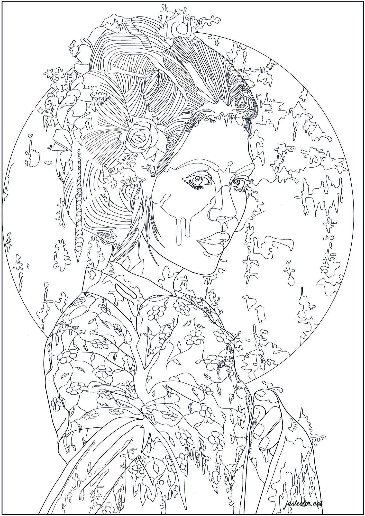 Portrait of a Japanese girl (Japan Coloring Page) Portrait of a Japanese girl (Printable Japan Coloring Page for adults)