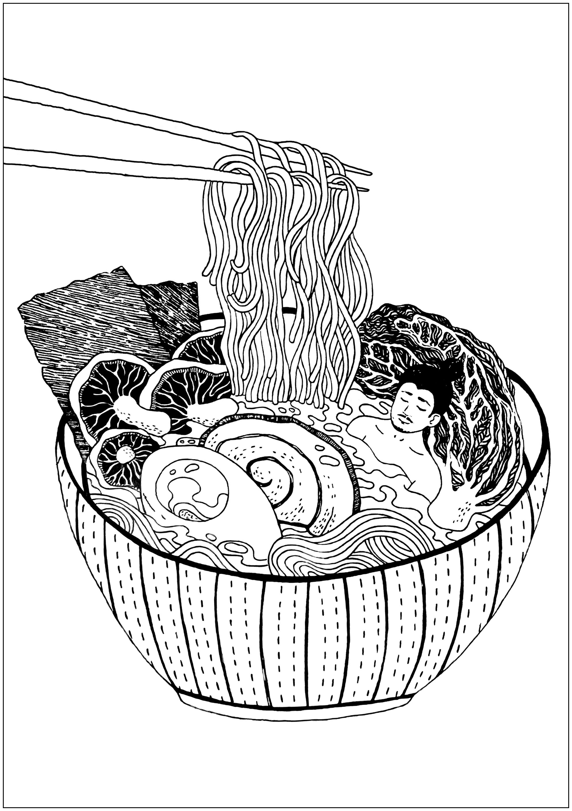 Man in a noodle bath. A man relaxes, sitting in the big bowl of ramen, the steaming hot water filling him to the brim as he relaxes and soaks up the heat. Steam rises from the surface of the water, enveloping the person in a comforting, noodle-scented mist.