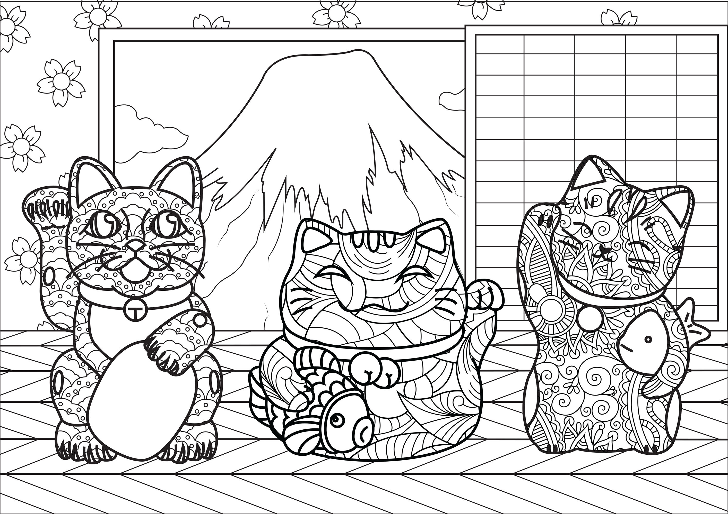 Maneki Neko cats with complex patterns, in a little house near Mount Fuji, Artist : Lucie