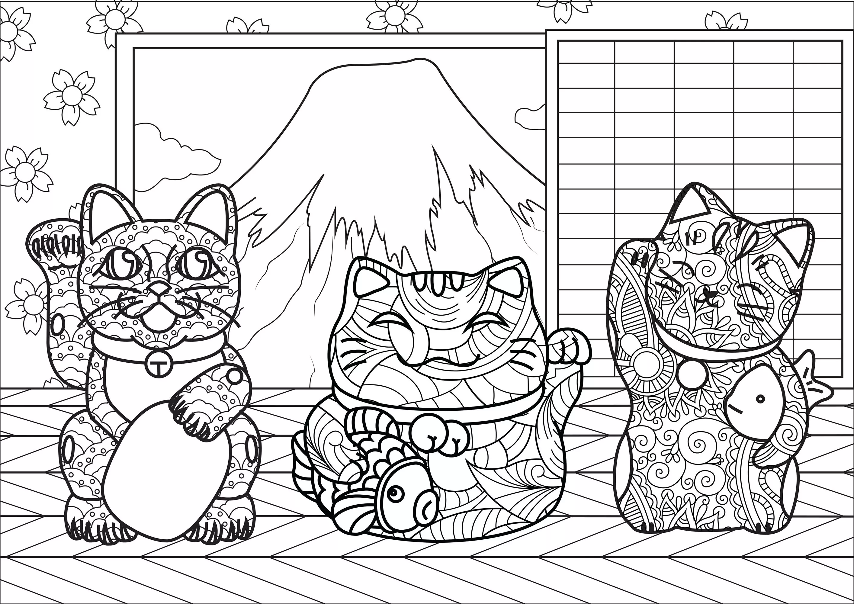 Maneki Neko in front of Japan's Mount Fuji (complex version) (Printable Coloring Page for adults)
