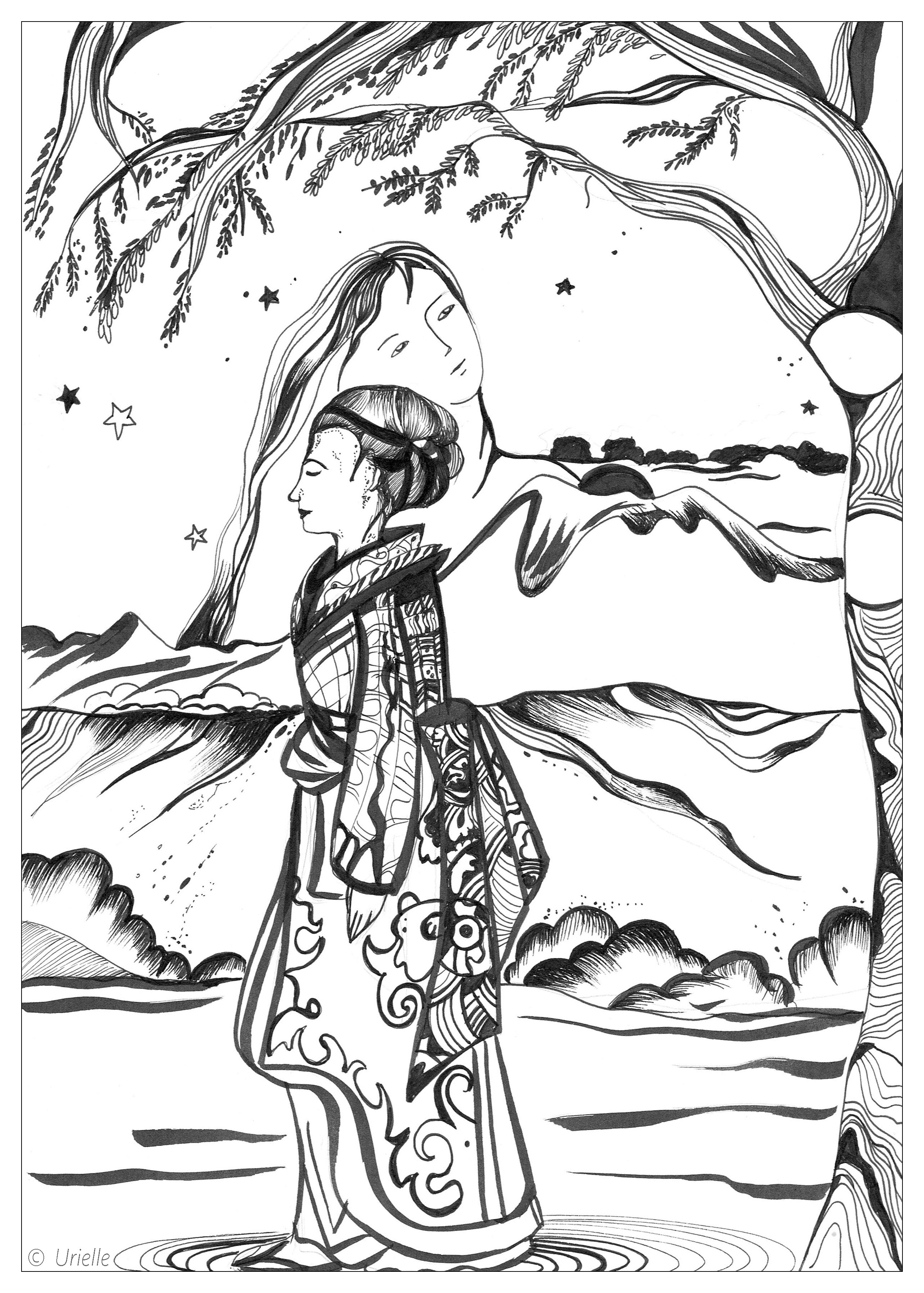 Coloring page adult urielle sweet contemplation