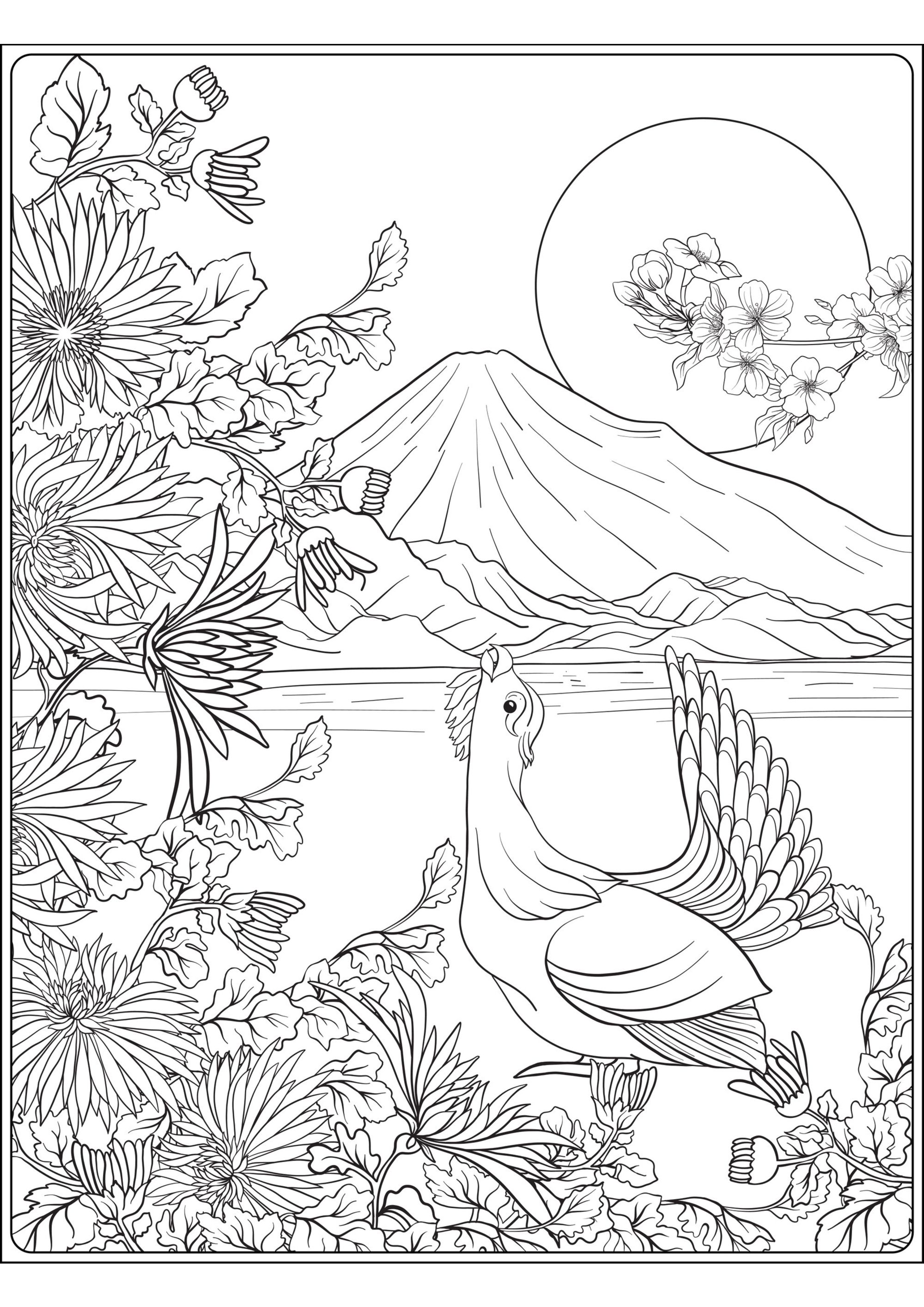 Mount Fuji and bird. A superb coloring page on the theme of Japan, with a bird, Mount Fuji, and a foreground filled with pretty plants and flowers.