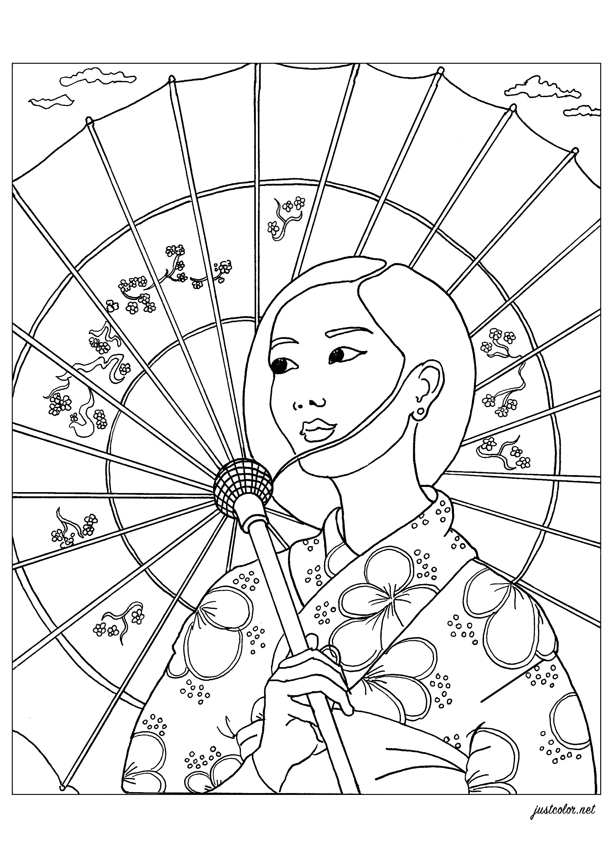 Fashionable young Japanese woman wearing classic kimono and carrying a parasol Fashionable young Japanese woman wearing classic kimono and carrying a parasol