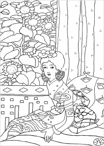 Coloring page created from a painting representing a Geisha, by japanese artist Yumeji Takehisa (1884 - 1934) (Japan Coloring Page)