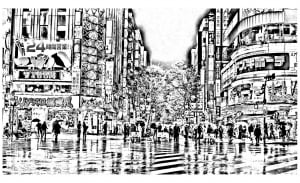 Tokyo in the rain (Japan Coloring Page)