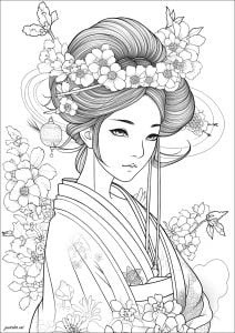 Geisha and flowers (Japan Coloring Page)