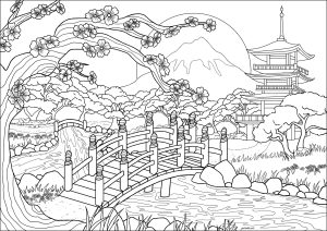 Japanese landscape: cherry tree, bridge, temple and Mount Fuji (Japan Coloring Page)