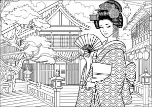Woman in traditional Japanese dress and magnificent temple (Japan Coloring Page)