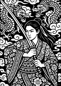 A sword-wielding warrior under a swirling sky (Japan Coloring Page)