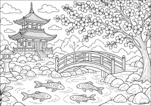 Quiet garden with peaceful fish