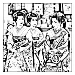 Japanese and their traditional make-up . .. It's up to you to chose the colors you want ! (Japan Coloring Page)