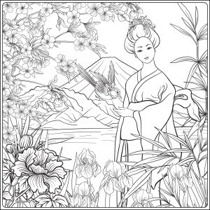 Japanese Landscape with Mount Fuji and Japanese woman (Japan Coloring Page)