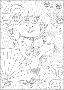 Printable Maneki Neko complex coloring sheets for adults