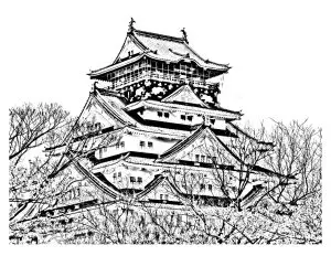 Japanese castle with layered roofs and spring flowers