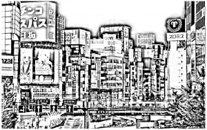 The streets of Tokyo . .. Only the colors are missing ! (Japan Coloring Page)