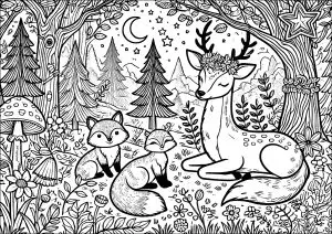 Deer and foxes under a starry sky in an enchanted forest