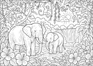 Majestic elephants and small monkeys near a waterfall