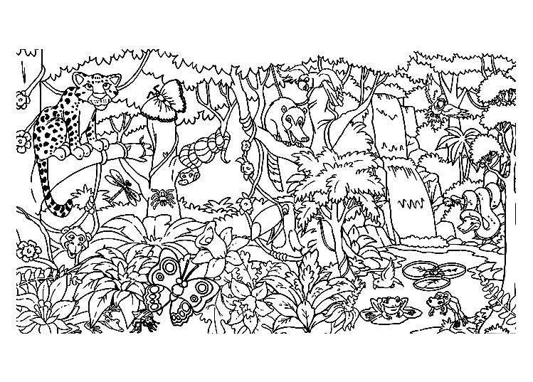 A lush forest coloring page, at first glance childish but quite complex.