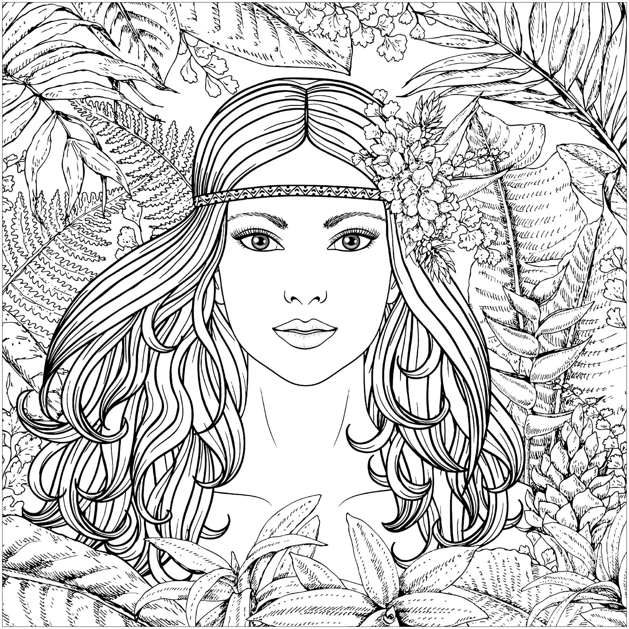 Forest woman potrait (Printable Jungle & Forest Coloring Page for adults)