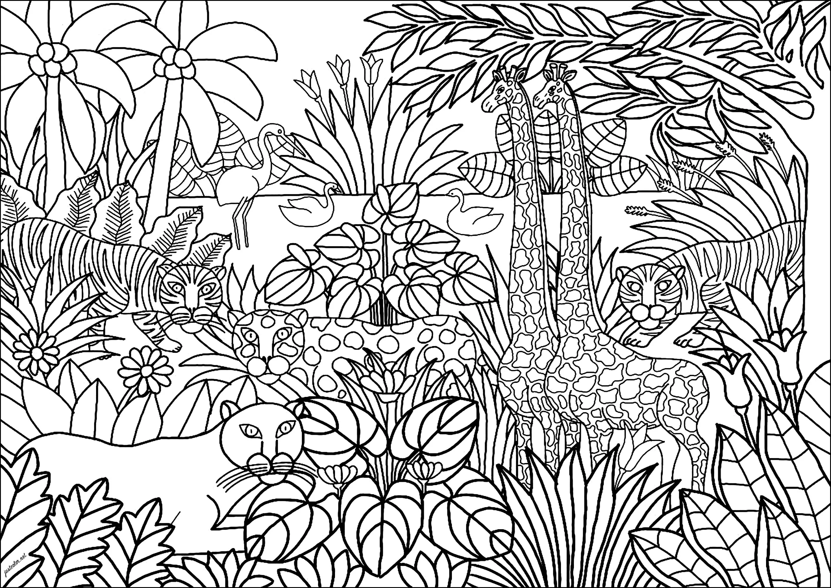 Jungle animals (naive art style) (Printable Jungle & Forest Coloring Page for adults)