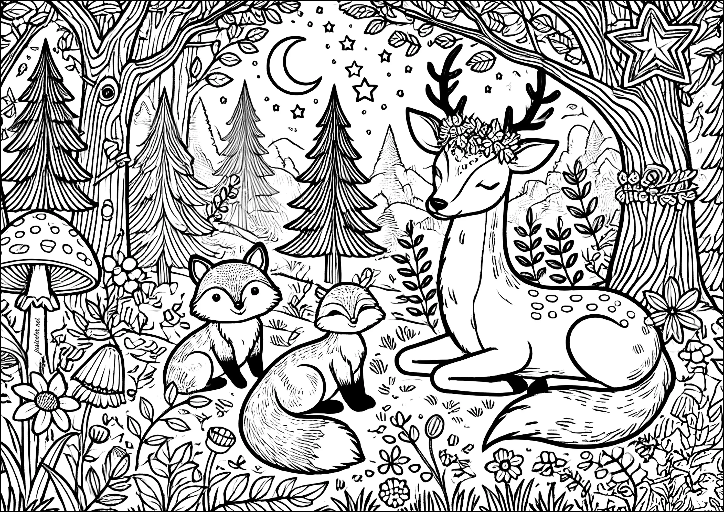 Deer and foxes under a starry sky in an enchanted forest (Printable Jungle & Forest Coloring Page for adults)
