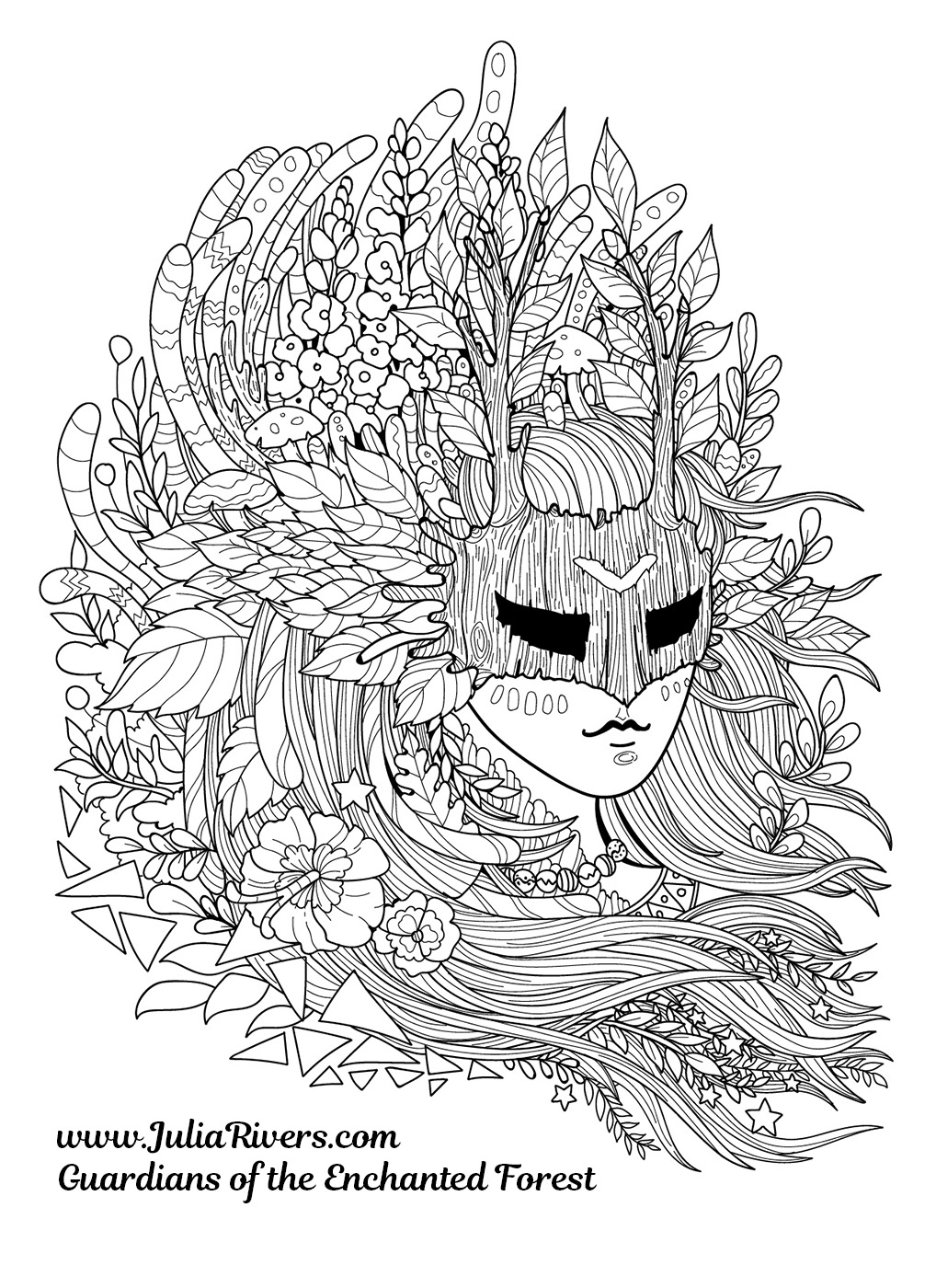 'Guardians of the Enchanted Forest' : Incredible coloring page of a masked creature, with hair full of flowers, leaves, mushrooms .., Artist : Julia Rivers