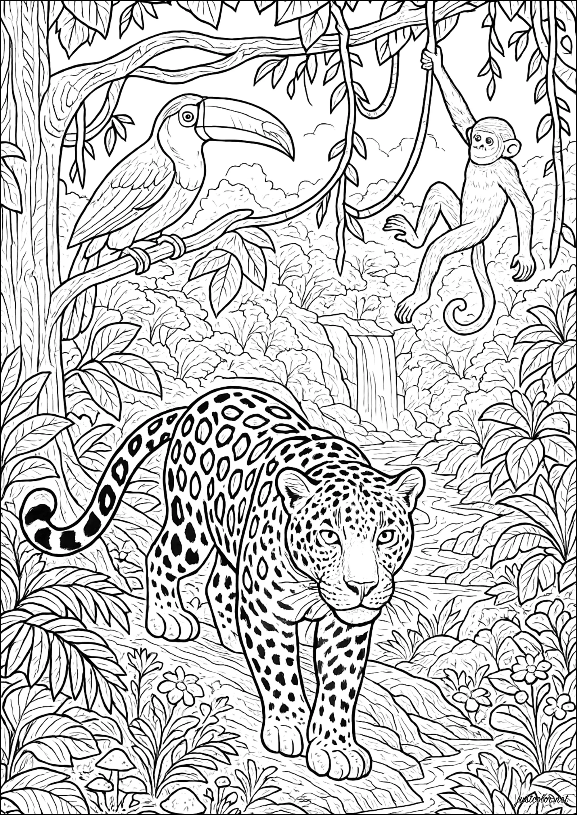 Tropical Predation (Printable Jungle & Forest Coloring Page for adults)