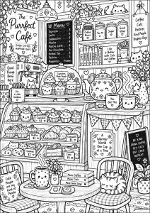 A sweet break in a café-patisserie. A cozy café-patisserie filled with cakes, cupcakes, cookies, and jars of treats. Teapots, cups, and pastries pile up on the shelves and counter, while a cat sleeps peacefully on a chair near a small table set with drinks and flowers.