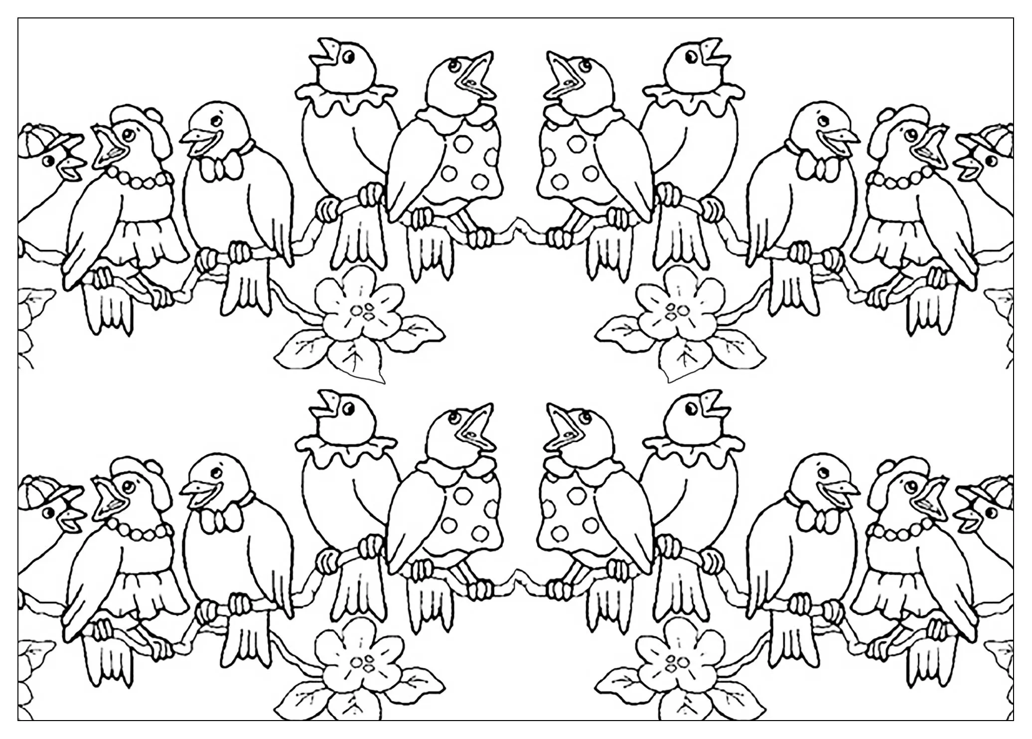 Bird family (Printable Animals Coloring Page for adults)