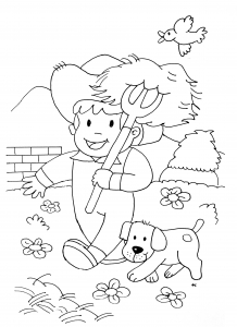 Coloring farmer kid with his dog