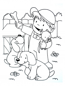 Coloring kid with a cat and two dogs