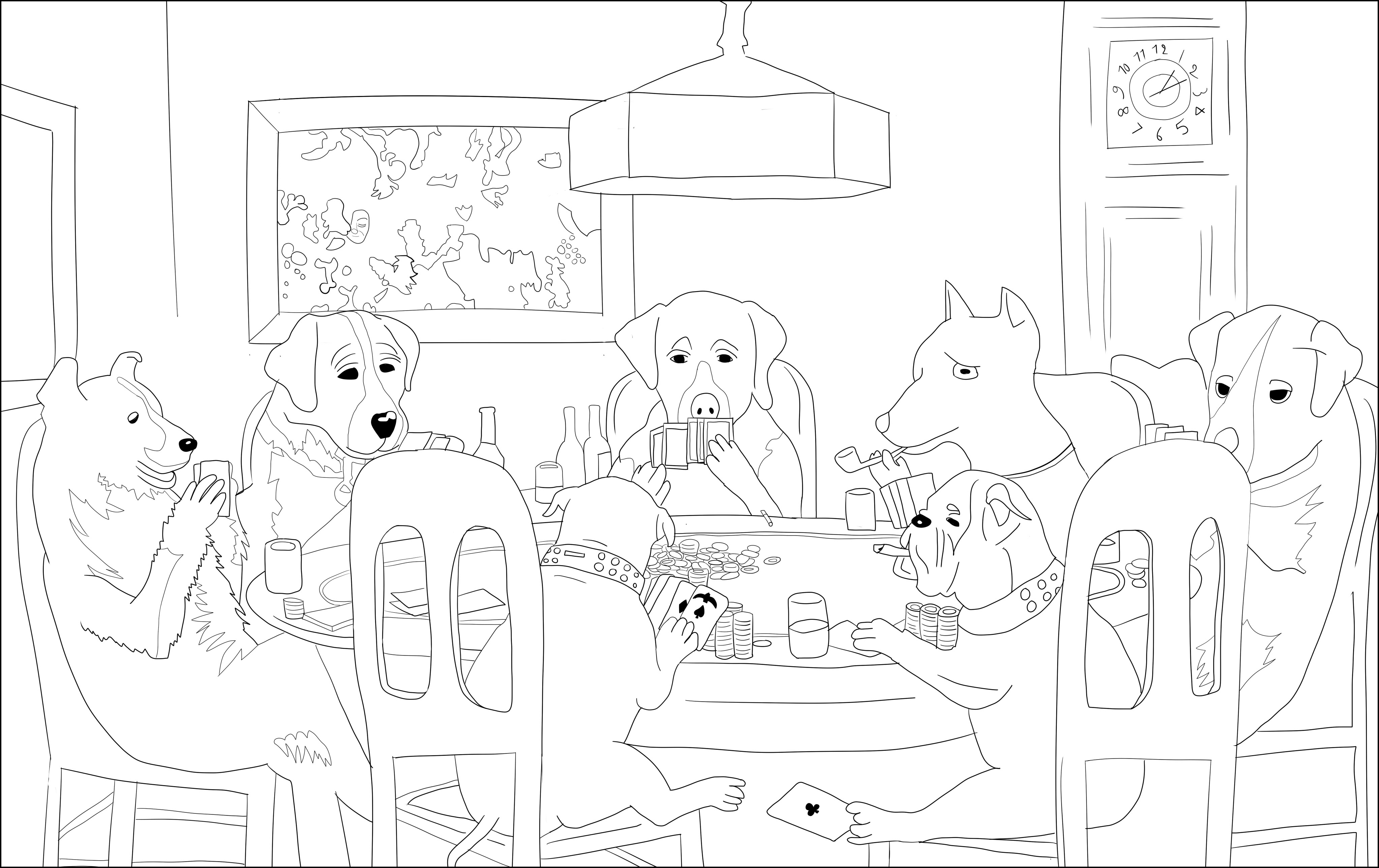 Coloring page inspired by 'A Friend in Need' by C. M. Coolidge (1903). Dogs playing poker !