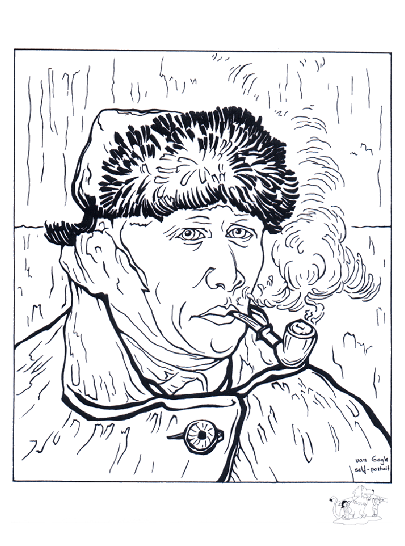 Coloring page created from the Self-portrait with bandaged ear (1889) by Vincent Van Gogh. Vincent Van Gogh's 'Self-portrait with Bandaged Ear' (1889) stands as a poignant reflection of the artist's tumultuous mental state, featuring a haunting gaze and a bandaged ear, symbolizing both his personal struggles and his unyielding commitment to his craft during a particularly challenging period in his life.