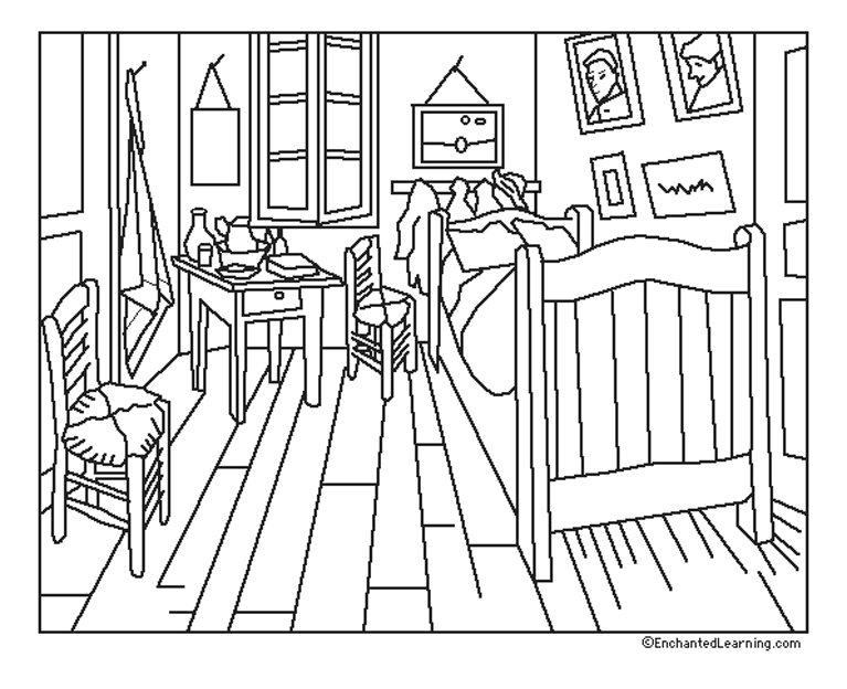 Coloring page created from Bedroom in Arles (1888) by Vincent Van Gogh. Vincent Van Gogh's 'Bedroom in Arles' (1888) is an iconic masterpiece that vividly captures the artist's emotional intensity through its bold colors, distorted perspective, and a deeply personal portrayal of his living quarters in Arles, France.
