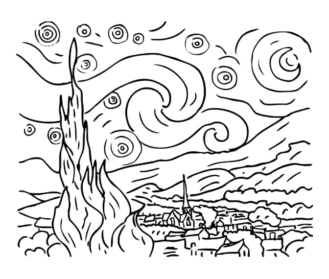 Coloring page created from  The Starry Night (1889) by Vincent Van Gogh (simple version)