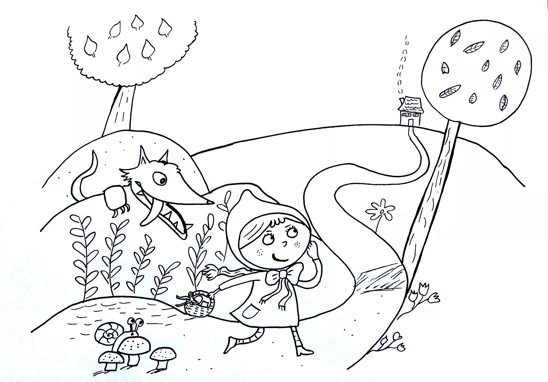 Little Red Riding Hood ambushed by wolf (Printable Fairy tale Coloring Page for adults)
