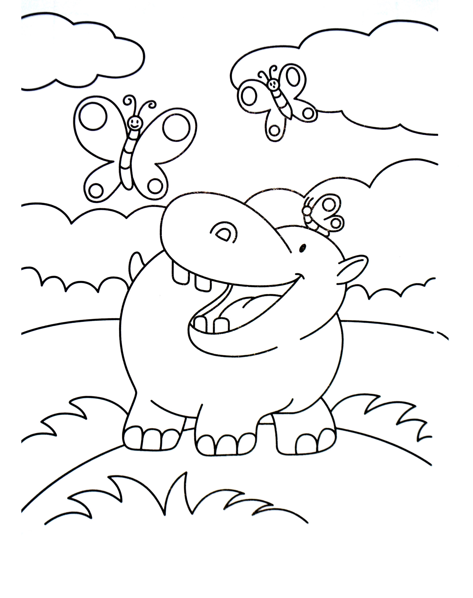 Simple drawing of a Hippopotamus playing with butterflies